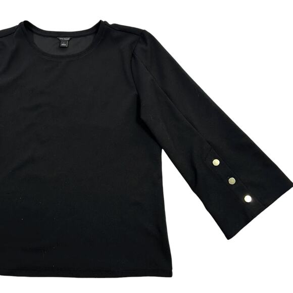 Ann Taylor Women's Black Chiffon 3/4 Flare Sleeve Blouse Gold Button Size L - Picture 2 of 8